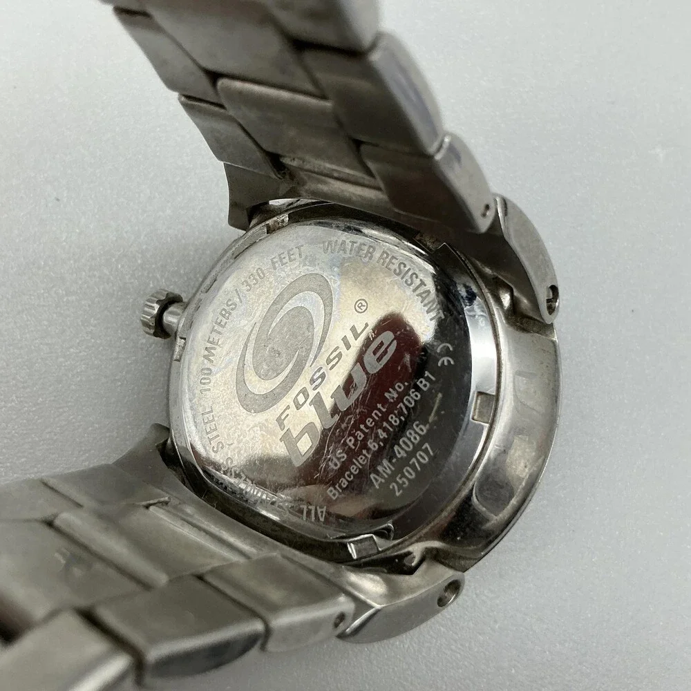 Fossil Blue Mens Watch 39mm Silver Tone Stainless Steel Date New Battery 6.5